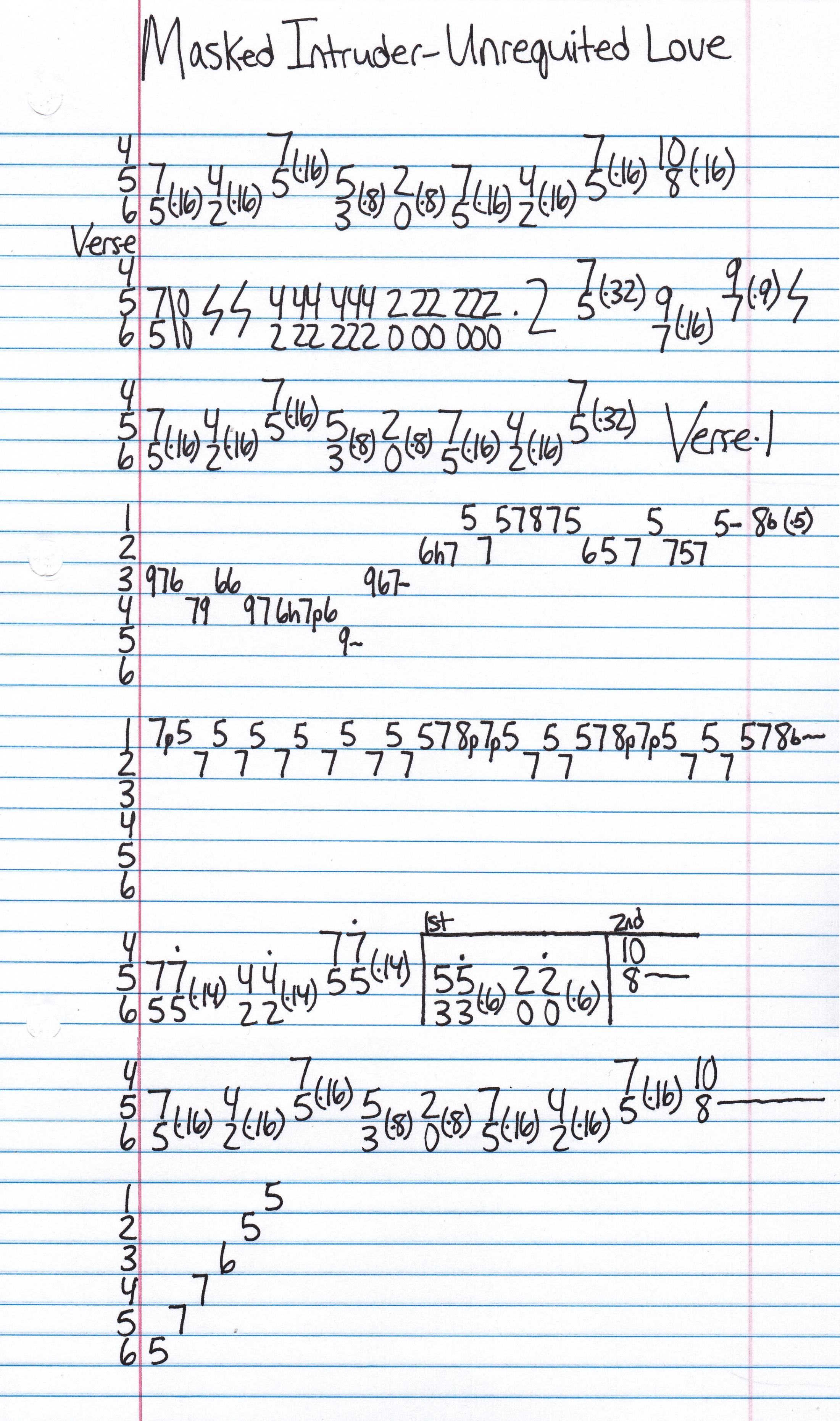 High quality guitar tab for Unrequited Love by Masked Intruder off of the album Masked Intruder. ***Complete and accurate guitar tab!***